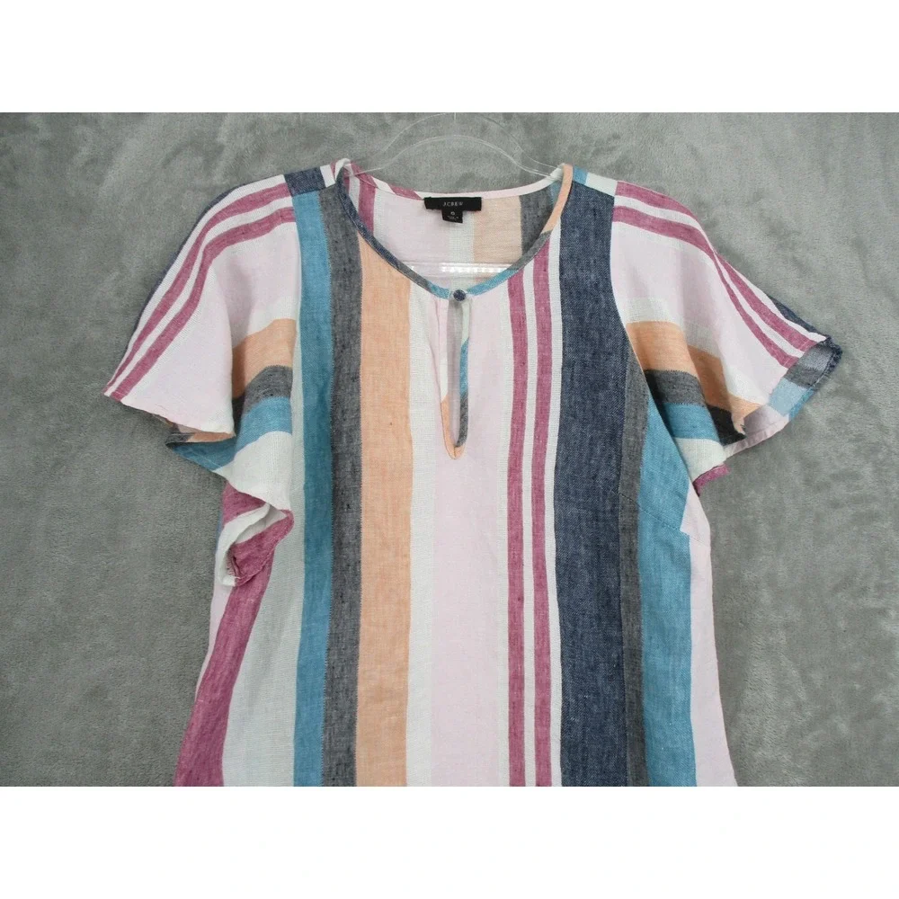 J Crew Shirt Womens 6 Linen Striped‎ Flutter Sleeve Ruffle Button Boho Coastal